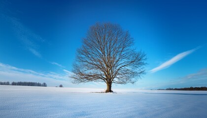 Solitary Leafless Tree In Snowy Field Under Vibrant Blue Sky Winter Landscape Photography