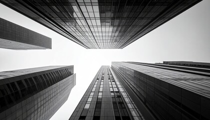 Low-angle monochrome shot of four towering skyscrapers converging towards a bright sky