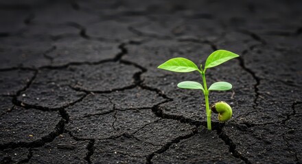 New Beginning: A young sprout emerges from parched earth, symbolizing new beginnings, growth, and the resilience of life, captured with vibrant detail.