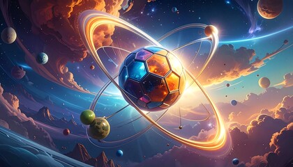A vibrant, otherworldly scene depicts a multifaceted sphere at the center of a celestial system, surrounded by orbiting planets and glowing rings.