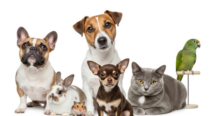 Group of pets: dog, cat, rabbit, hamster, parrot, chihuahua, on white background. Represents animal companionship, pet care, veterinary services