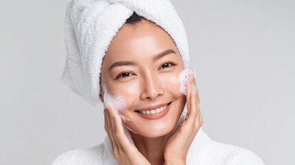 A woman with a towel wrapped around her hair smiles while applying facial cleanser to her face. Bright indoor light enhances her fresh appearance as she enjoys her skincare routine.