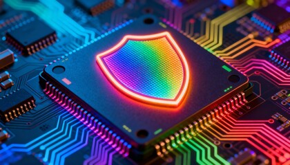 High-tech shield symbol in neon rainbow colors, integrated into processor chip, digital security visualization