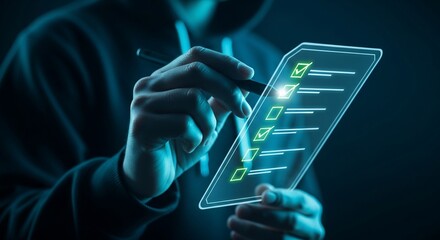 Achieve goals by digitally checking off tasks on a futuristic holographic checklist screen