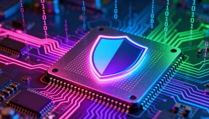 High-tech shield symbol in neon rainbow colors, integrated into processor chip, digital security visualization