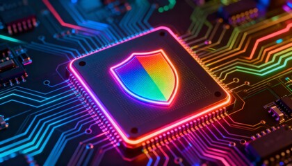 High-tech shield symbol in neon rainbow colors, integrated into processor chip, digital security visualization