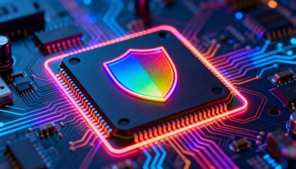 High-tech shield symbol in neon rainbow colors, integrated into processor chip, digital security visualization