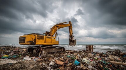 A large yellow excavator works to remove trash from a polluted beach. Clouds hang low in the sky as waves crash onto the shore. Efforts to clean up the environment are visible.
