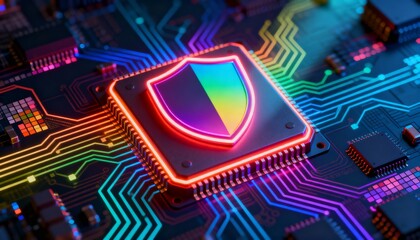 High-tech shield symbol in neon rainbow colors, integrated into processor chip, digital security visualization