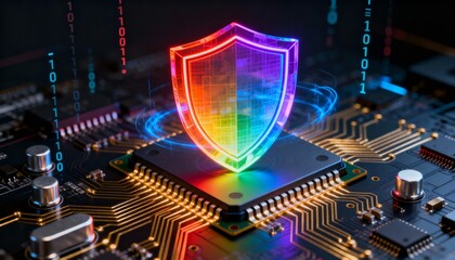 High-tech shield symbol in neon rainbow colors, integrated into processor chip, digital security visualization
