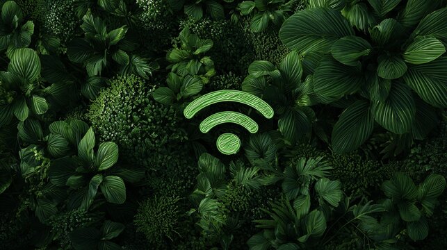Vibrant green foliage backdrop with glowing neon WiFi symbol for eco-friendly connectivity - Powered by Adobe