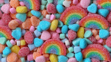 Brightly colored candies are scattered across a surface, showcasing rainbow gummies, heart-shaped sweets, and pastel marshmallow pieces that create a playful and vibrant display.