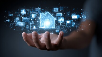 Glowing digital home hologram held in hand with data streams and icons symbolizing smart living