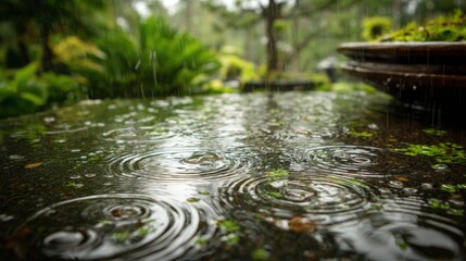 Fototapeta premium Raindrops fall gently, splashing on a smooth surface in a serene garden filled with greenery. The tranquil environment reflects a peaceful moment during a rainy day.