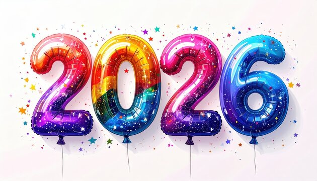 Rainbow-hued 2026 balloons, confetti, stars, white background.  Shiny, glossy, festive New Year's design