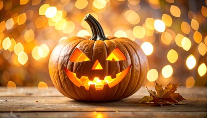 Glowing jack-o'-lantern on wooden surface