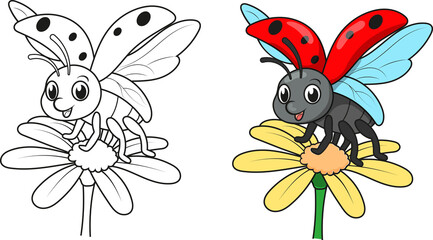 Adorable ladybug cartoon flying over daisy flower illustration for children books and educational resources, whimsical insect design, happy and cute © Edwart_1980
