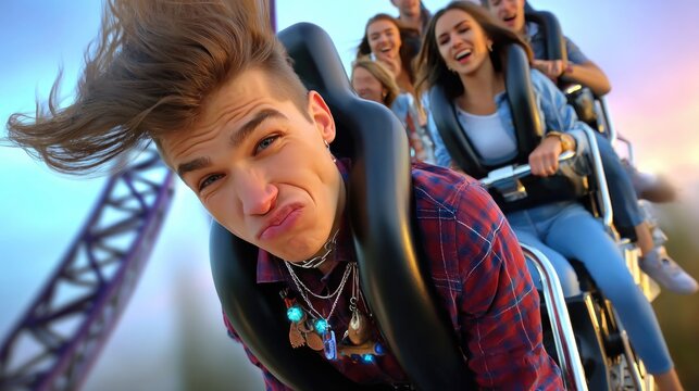 Young people scream with joy on a thrilling roller coaster attraction. Hair flies as friends experience intense amusement park adrenaline and exciting fun together. - Powered by Adobe