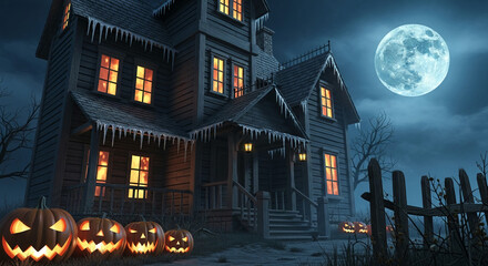 Dark wooden house, illuminated windows, icy roof, pumpkins, full moon, nighttime scene evokes Halloween atmosphere, ideal for spooky themed designs