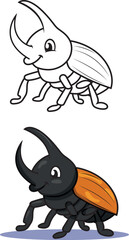Adorable rhinoceros beetle illustration for kids coloring book, cute cartoon insect character with happy smile, educational wildlife drawing, fun animal design for children's learning