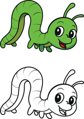 Cheerful green caterpillar cartoon character smiling brightly, perfect for children's books and educational materials about nature and insects in a fun, engaging style