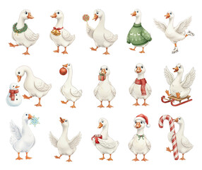 Charming Christmas Geese Illustrations Set