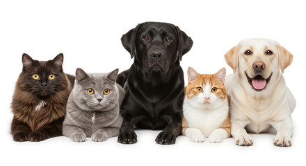 Two cats and two dogs lie together against a white background, showcasing animal companionship and pet adoption concepts