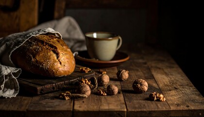 Rustic bread and walnuts on a wooden table
