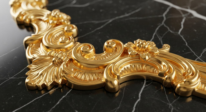Close-up of gold ornate detail on black marble, showcasing intricate swirls and floral motifs, representative of luxury, elegance, and classic design, ideal for branding or decor - Powered by Adobe