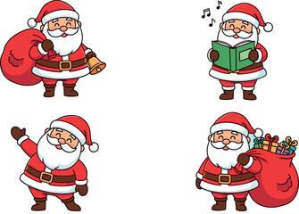 Cartoon Santa Claus Set with Christmas Gifts, Singing, Waving, and Holding Sack – Festive Holiday Character Illustration for Seasonal Design