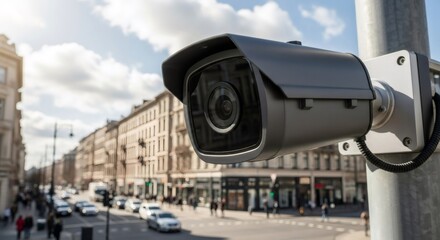 Dark security camera on urban street pole, capturing city traffic and pedestrians. Surveillance system for public safety and crime prevention.