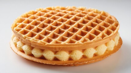 A freshly made round waffle features a golden-brown color and crisp texture. Its grid pattern showcases deep pockets ready for toppings. Ideal for breakfast or dessert.