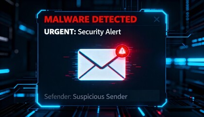 malware email notification, glowing envelope with glitch red warning, futuristic dark digital UI design