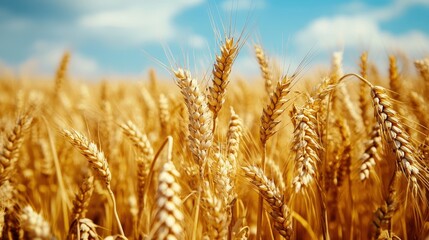 Fototapeta premium Golden wheat field under a bright blue sky.