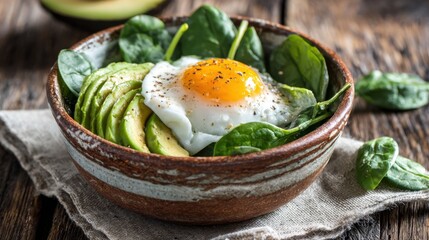 A nutritious breakfast bowl features sliced avocado, fresh spinach, and a perfectly poached egg on top, presented on a wooden table surrounded by natural elements.
