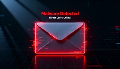 malware email notification, glowing envelope with glitch red warning, futuristic dark digital UI design