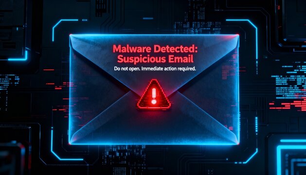 malware email notification, glowing envelope with glitch red warning, futuristic dark digital UI design