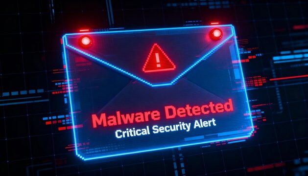 malware email notification, glowing envelope with glitch red warning, futuristic dark digital UI design - Powered by Adobe