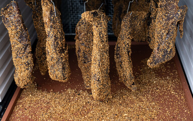 Close up of Beef Biltong Drying in Dehydrator