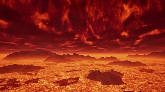 3D. Venus - An infernal landscape of lava and burning rock. Circular shot