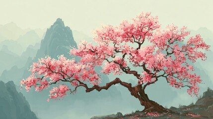 A vibrant cherry blossom tree blooms against a serene backdrop of misty mountains. The delicate pink flowers contrast beautifully with the soft, muted colors of springtime.