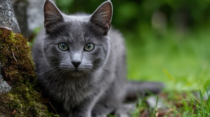 A grey cat with striking green eyes relaxes on mossy rocks in a lush backyard. The soft grass and foliage provide a natural setting, highlighting the cats calm demeanor.