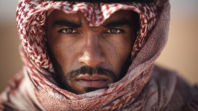 Young man with a serious expression wears traditional headwear and clothing, standing in a sunlit desert. His intense gaze reflects strength and resilience amidst the sandy backdrop. - Powered by Adobe