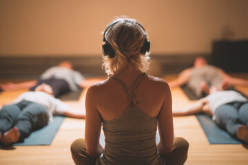 A yoga instructor guiding students through a restful restorative pose while calming music plays softly.