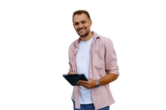 Man smiling while holding digital tablet, using modern technology for business, casual smart working