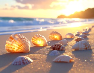 Seashells shimmer on a golden beach at sunrise, bathed in warm sunlight.
