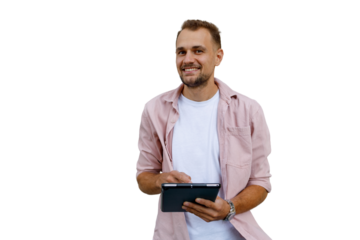 Smiling man using digital tablet for remote work or online education, enjoying modern technology, transparent background
