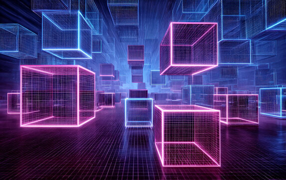 Futuristic neon lit wireframe cubes in a digital space