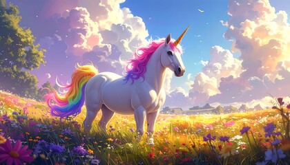 Enchanted Unicorn Grazing in a Colorful Meadow