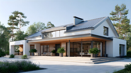 Fototapeta premium Luxury modern house with outdoor patio and large windows, surrounded by trees. Contemporary home design for real estate and lifestyle content.